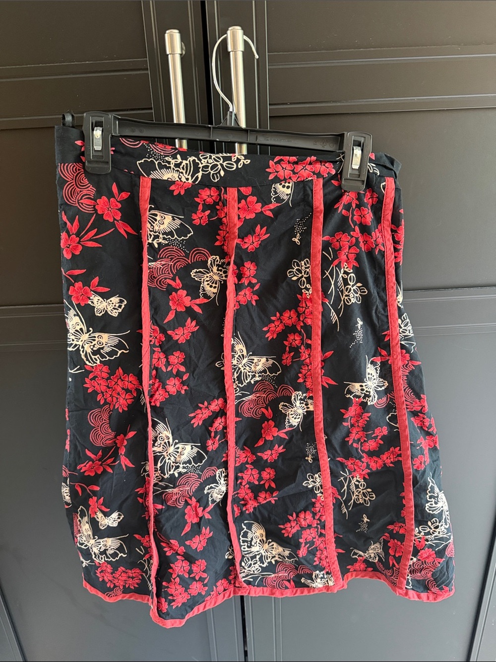 Black Floral Paneled Skirt with Red Trim